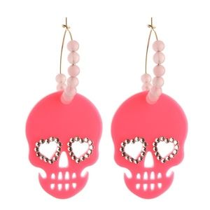 Skull Hoop Earrings Acrylic & Rhinestones Pink